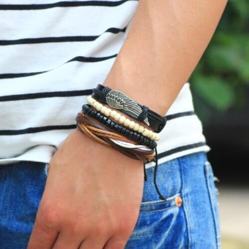 Trendy Metal Wing Leather Bracelets Man Black Beige Wood Beads Women Bracelets Bangles Wax Woven Rope Jewelry Accessory