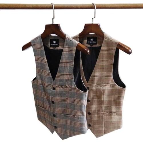 Mens Suit Vest Korean Version British Retro Style Youth Slim Plaid Waistcoat Business Casual Dress Fashion Clothes
