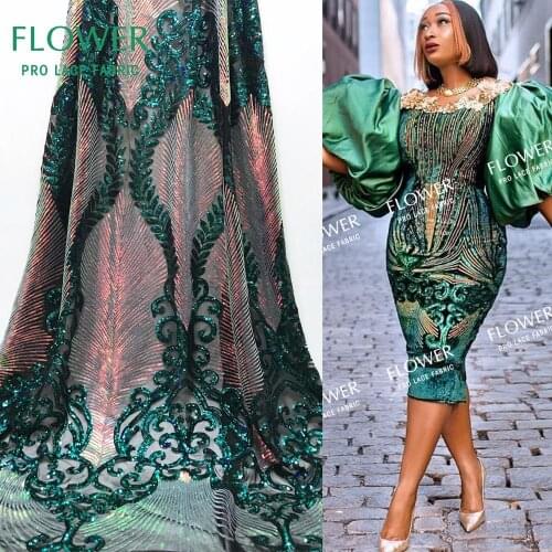 2020 Latest Green Senegal Nigerian Sequins Mesh Net Lace Fabric Embroidered Seuqined African Tulle Bride Or Bridesmaid Material