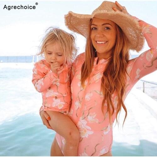 2021 New Mother And Daughter Swimsuit Long Sleeve Swimwear One Piece Swimsuit Mommy And Me Bathing Suits Matching Swimming Suit