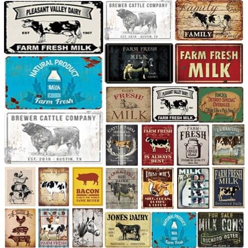 Farm Tin Sign Milk Vintage Metal Sign Plaque Metal Vintage Farmhouse Wall Decor Cow Pig Retro Metal Signs(20x30cm)