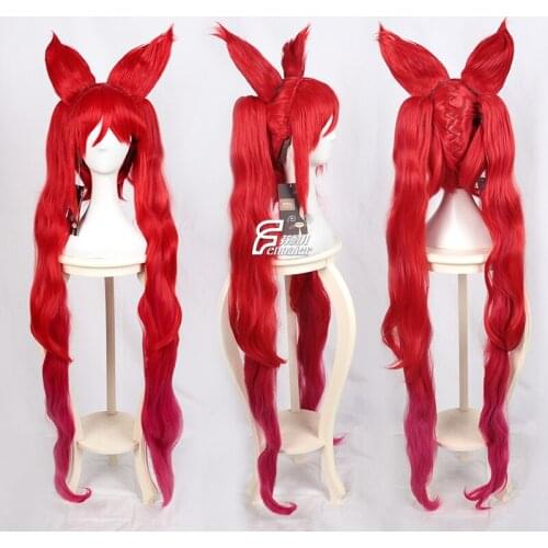 Game LOL Star Guardian Jinx Cosplay Wigs 120cm Long Red Mixed Loose Wave Cosplay Wig Heat Resistant Synthetic Hair Wigs + Ears