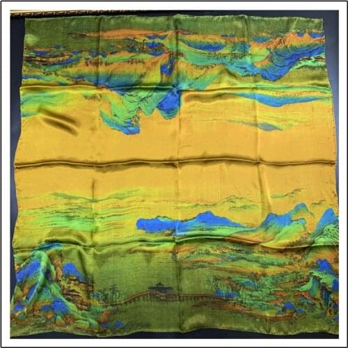 POBING 100% Real Silk Scarf Women Mountain Print Square Scarves Manual Hand Rolled Silk Foulards Femme Bandana Hijab110CM