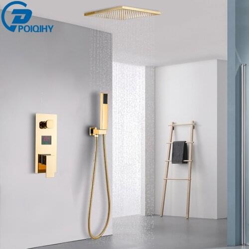 POIQIHY Golden Shower Set Concealed Shower Faucet Wall Mounted Digital Temperature Display Bathtub Shower Mixers Tap