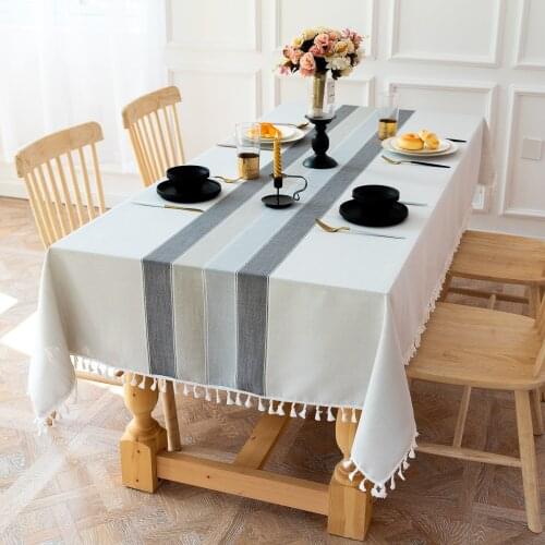 Nordic Christmas Party Tablecloth Grey Striped Upscale Cotton Linen Stitching Tassel Rectangular Table cloth Hotel Table Cover