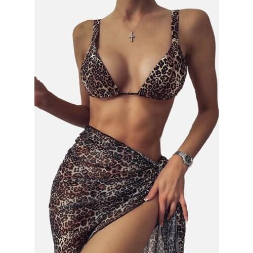 Sexy Bikini 2021 Womens Swimsuits 3 Pieces Leopard Women String Swimming Suit Brazilian Thong Swimwear Outfits Beach Cover Up