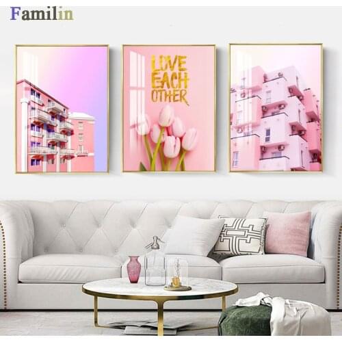 Modern Mediterranean Street Landscape Canvas Painting Colorful Building Pink Flower Poster and Print Wall Picture Decoration Roo