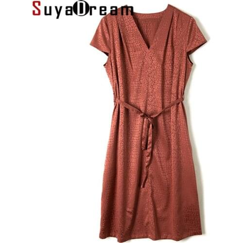 SuyaDream Woman Mid Dress 22mm 92%Silk 8%Spandex V neck Sashes Jacquard Dresses 2021 Autumn Summer Elegant Dresses