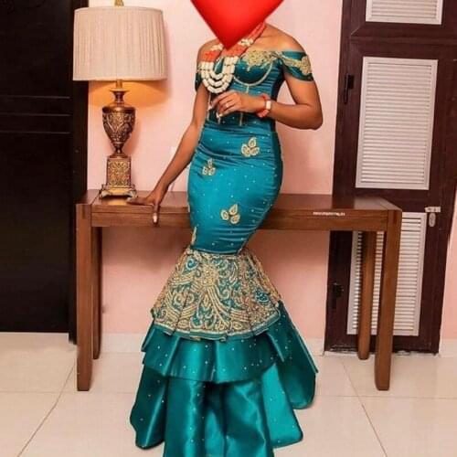 Aso Ebi Teal Green Evening Dresses Beading vestidos de fiesta Elegant Off Shoulder Plus Size Tiered Prom Gowns Appliques