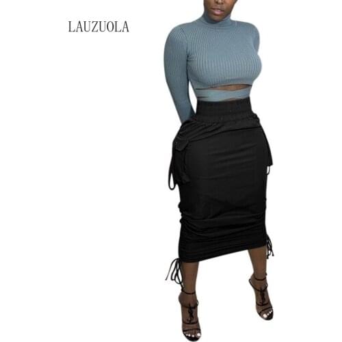 Drawstring Ruched High Waist Midi Skirts Womens with Pockets Black Casual Summer Fashion Bodycon Pencil Skirt Female Jupe Femme