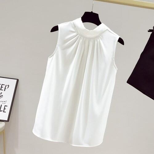 Summer 2021 Fashion Women Chiffon Blouse Solid Folds Bow Sleeveless Tops for Women Elegant Office Lady Slim Shirt Blusa 15479