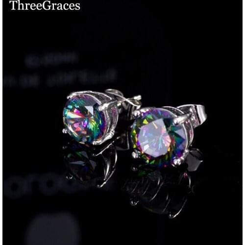 ThreeGraces Korean Fashion Cubic Zircon Jewelry White Gold Color Rainbow Mystic Crystal Round Stud Earrings For Women ER152
