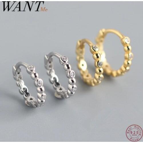 WANTME Fashion Korean Minimalist Round Zircon Bead Ear Hoop Mini Stud Earrings for Women Real 100% Sterling Silver Jewelry Gift