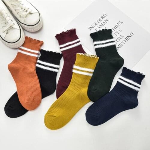 Women Solid Cotton Socks Fuzzy Striped Socks Wrinkled Cuff Socks Stripes Cuff Winter Crew Socks Girls Ankle Socks 5 pairs/lot