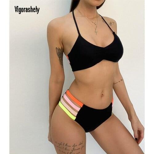 Vigorashely Push Up Swimwear Women 2021 Sexy Color Bandage Bikini Set Tied Swimsuit Female Halter Bikini Bathing Suit Swim Wear