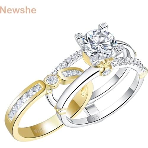 Newshe Multi Tone Yellow Gold 925 Sterling Silver Wedding Engagement Ring Set For Women Round Cut Simulated Diamond CZ Jewelry