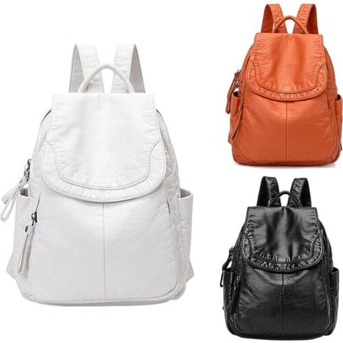 Hot kf-Womens Soft Leather Casual School Bag Washed Leather Backpack Girl Travel Small School Bag