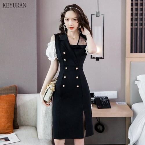 Summer Sexy Off Shoulder Dress Patchwork Double Breasted Womens One-Piece Dress Korean Black Elegant Slim Pencil Party Dresses