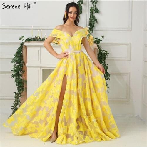 Yellow Sleeveless Off Shoulder Evening Dresses New Fashion Sexy Flowers Formal Evening Gowns Serene Hill BLA6597