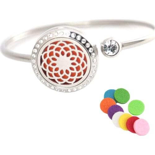 10Pcs25mm Magnet Crystal Stainless steel Aromatherapy locket Bracelet Bangle essential oil diffuser locket Lotus Flower bracelet