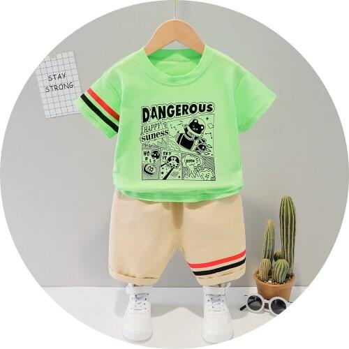2021 summer new childrens suit baby suit cartoon letter printing short sleeve suit boys' casual suit 1-4 years old