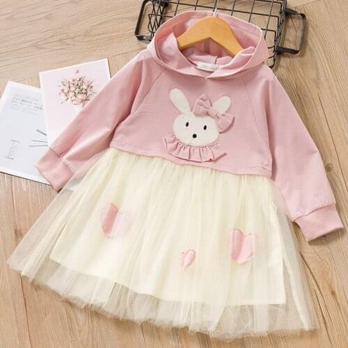 2020 New Girls Clothes Spring Style Fashion Students Children Mesh Dress Rabbits Pattern Princess Dresses Hooded Girls