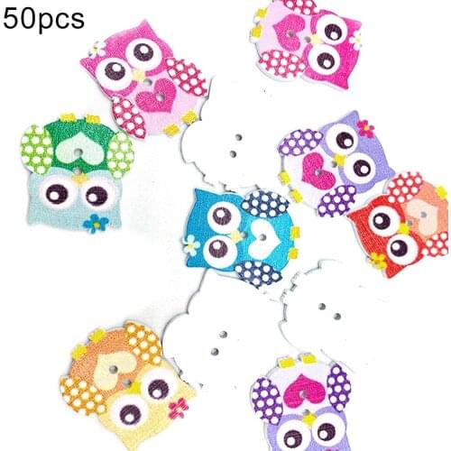 50Pcs DIY Scrapbooking Wood Button Cartoon Owl Pattern Bag Clothes Sewing Decor Buttons