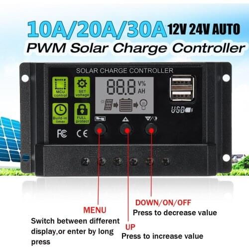 10/20/30A 12V/24V Solar Controller Auto-Adaptive LCD Display PWM Solar Charge Controller Solar Panel Charge Controller