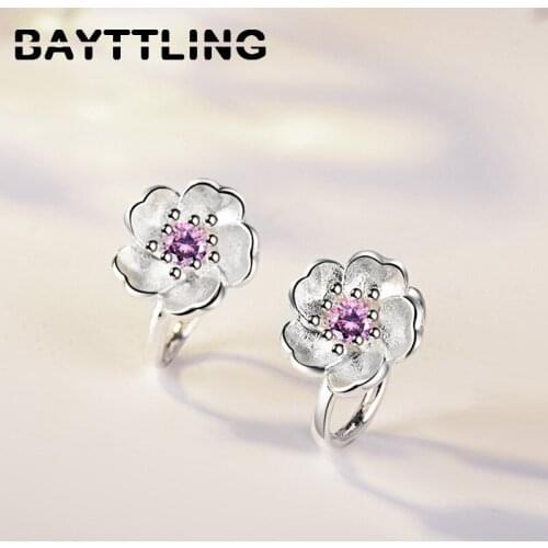 BAYTTLING 925 Sterling Silver Purple/Pink Fine Zircon Flower Earrings For Women Fashion Wedding Party Jewelry Gift Earrings