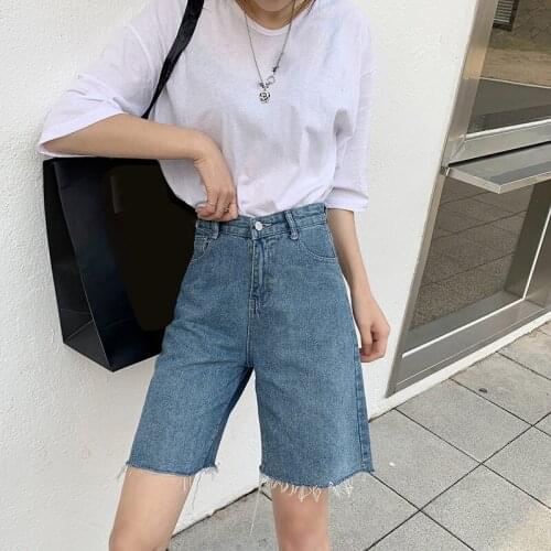 Denim Shorts Washed Sexy Female Summer High Waist Slim Denim Shorts Bermuda Plus Size Woman New Fashion Tassel Tight Five-Point
