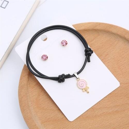 HTZZY 2021 New Women Jewelry Set Handmade Rope Chain Adjustable Bracelet and Fashion Pink Crystal Stud Earrings HT-216211