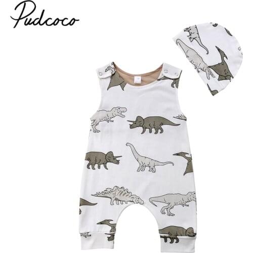 Pudcoco Newborn Baby Boy Girl Kids Sleeveless Dinosaur Print Romper Infant Jumpsuit Sunsuit + Hat 2Pcs Children Outfits