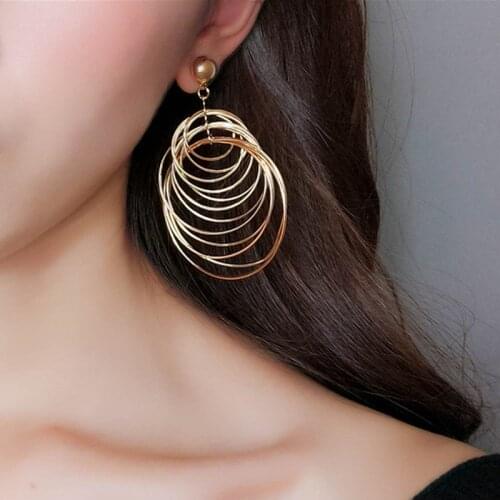 Korean Fashion Temperament Multilayer Metal Big Circle Long Exaggerated Earrings Womens Jewelry
