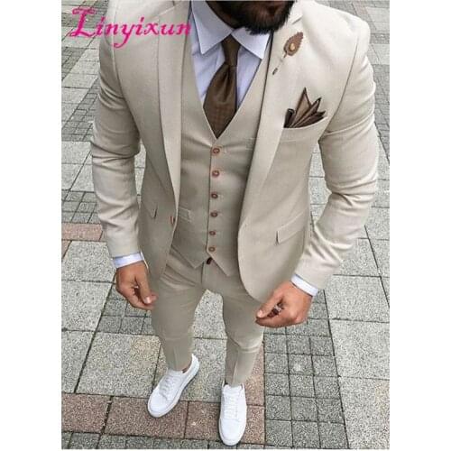 Linyixun 2020 Latest Coat Pant Designs Beige Men Suit Prom Tuxedo Slim Fit 3 Piece Groom Style mens Suits Custom Blazer Terno