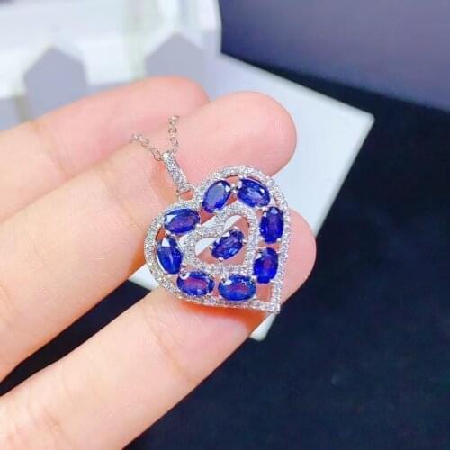 Fashion Silver Heart Pendant for Party 9 Pieces Natural Blue Sapphire Pendant for Wedding 925 Silver Sapphire Jewelry