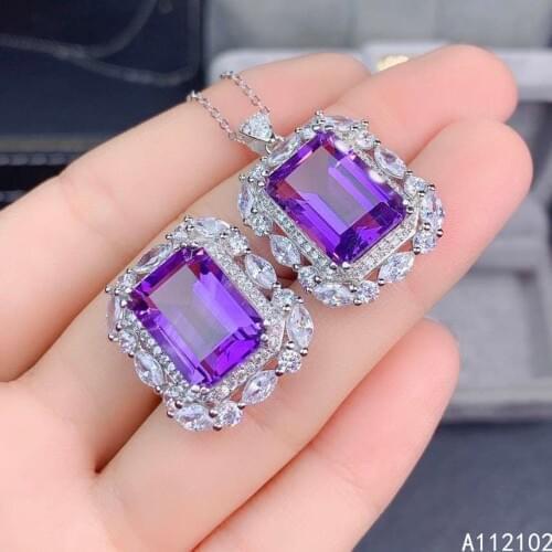 KJJEAXCMY fine jewelry 925 sterling silver inlaid natural natural Amethyst Womens popular square pendant ring set support check