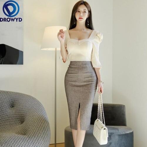New Arrival Fashion Split Dress Women OL Professional Temperament Square Neck Puff Sleeve Patchwork Elegant Slim Pencil Dress