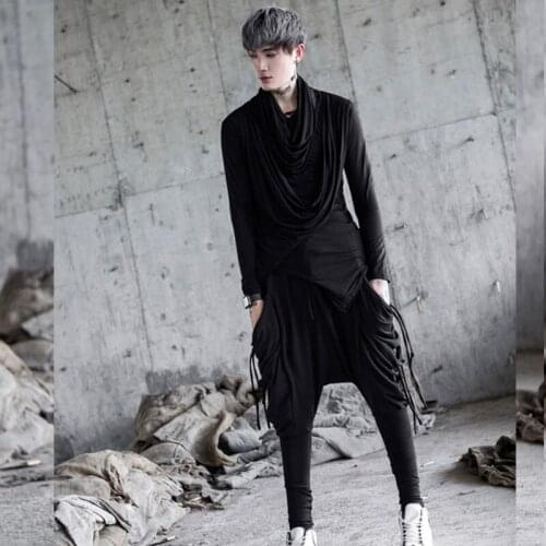 Outono inverno masculino lado borlas punk hip hop harem calças magras corredores gothic discoteca dj cantor palco baggy calças