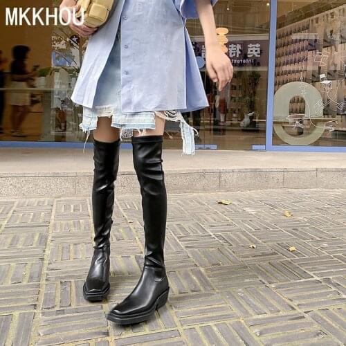 MKKHOU Fashionable Over-the-knee Women Boots New Season Elasticity Boots Black Cowhide Mid-heel Ladies Long Leather Boots