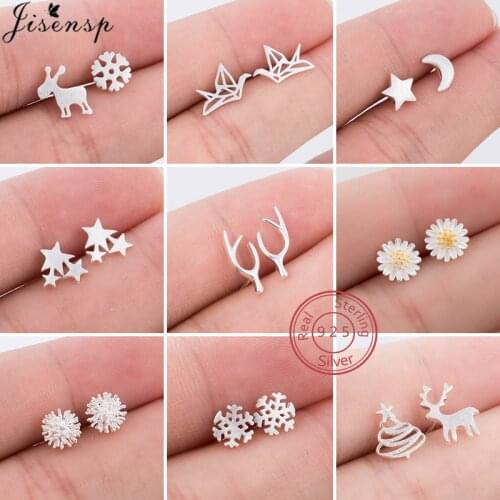 Real 925 Sterling Silver Earrings for Women Minimalist Star Deer Snowflake Stud Earrings Children Christmas Gift allergy free