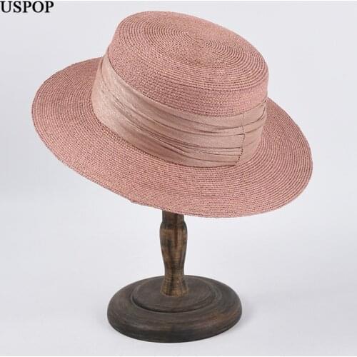 USPOP summer hat women straw sun hat beach hats female raffia straw hats casual solid color British flat wide brim straw fedoras