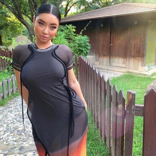 Ultra-Niche Double-Layer Mesh Sunset Printing Fringed Streamers Decorated With European And American Hip Short-Sleeved One-Piece