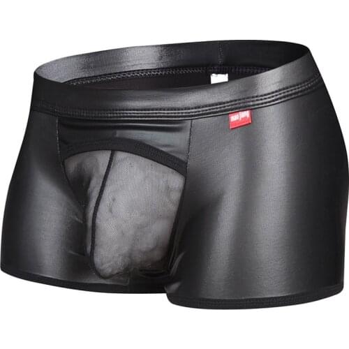 Mens Underwear Boxer Shorts See Through Penis Pouch Trunks PU Leather Underpants Boxers Boxershorts Male Panties Mens Lingerie