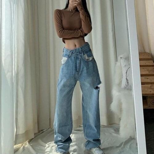 Streetwear Mom Jeans Womens Vintage Asymmetrical Waist Hole Straight Jeans Loose Denim Pants 2021 Casual Wide Leg Pants