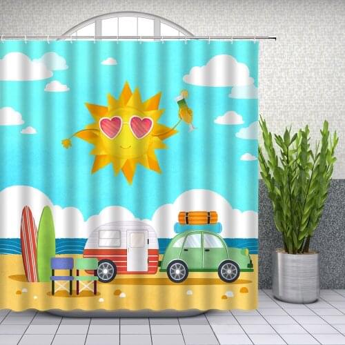 Summer Ocean Beach Shower Curtains Funny Cartoon Sun Car Surfboard Child Bathroom Decor Home Bath Waterproof Cloth Curtain Set