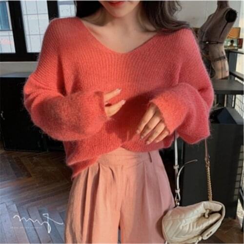 Autumn Women Knitted Sweater Solid Color Mohair Pullover V Neck Sweet Loose Long-sleeve Knitwear Sweaters jumper pull femme Tops