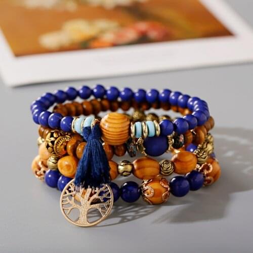 Boho Charm Wood Beaded Bracelet Set For Women Ethnic Gold Color Tree Tassel Pendant Bracelets & Bangles Vintage Jewelry Femme