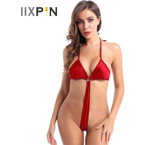 Womens Bikini Lingerie Bodysuit Halter Neck Bra G-string Briefs Lace-up Bodysuit Swimwear Nightwear for Valentine Day Honeymoon