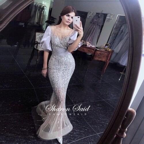 Luxury Dubai Silver Nude Mermaid Evening Dress Pufft Sleeve Arabic Formal Dresses 2021 Elegant Women Wedding Party Prom Gowns