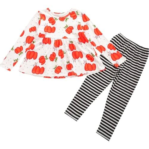 2021 0-5Y Halloween Kids Autumn Tracksuit Pumpkin Print O-Neck Long Sleeves Dress Top+Stripes Elastic Waist Pants Girls Clothing